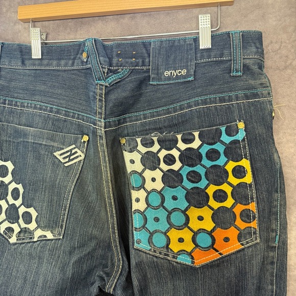 Vintage Y2K Enyce Denim Baggy Raw Hem Blue Logo Embroidered Jeans Men's Size 34‎ - Picture 3 of 10